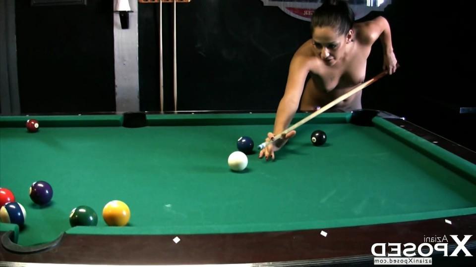 15P Brunette babe, Cassidey, has fun playing a naked game of pool!