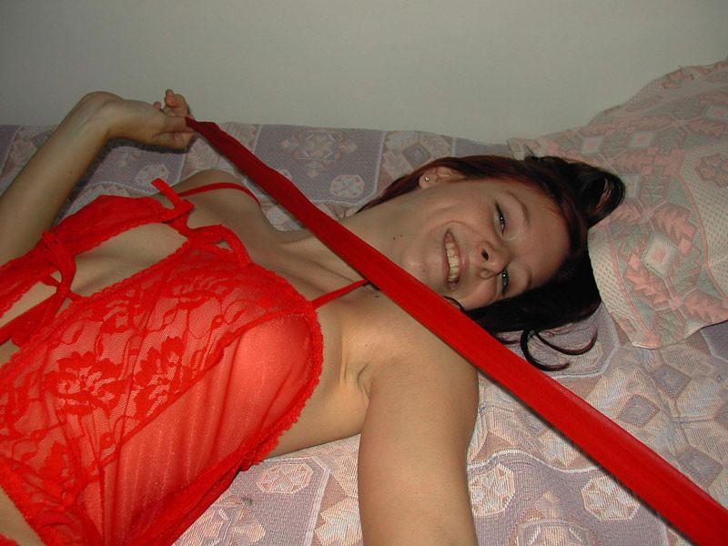 8P Amateur strip show with GF baring red lingerie and stockings