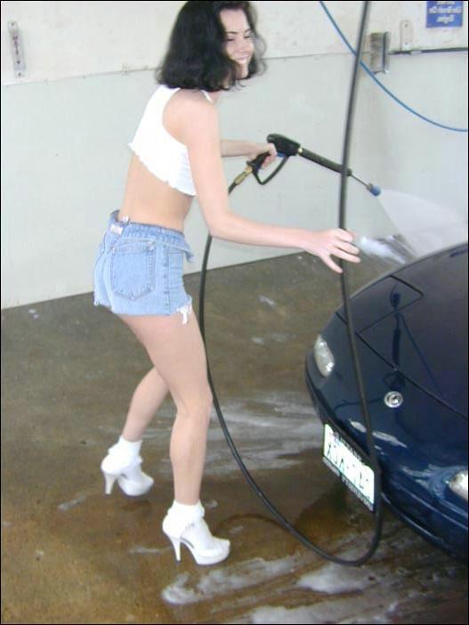 16P Teen in jean shorts washing her car