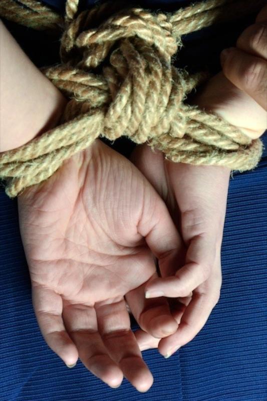 16P Harley Ace in blue dress stripped for rope bondage her pussy is toyed