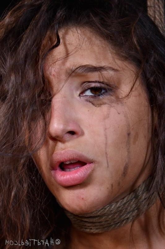 16P Abella Danger submissive in yellow is rope bound with ballgag made to orgasm