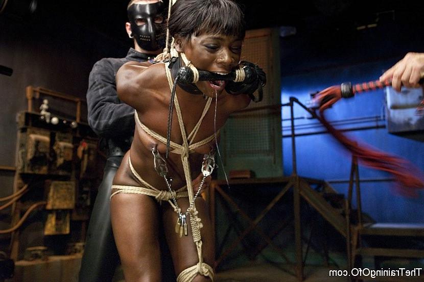 18P Ana Foxxx ebony is rope bound on heels her mouth and pussy fucked by sub Gage