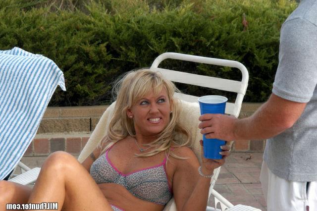 15P Sexy blonde mom gets picked up by the pool and bends over for dick