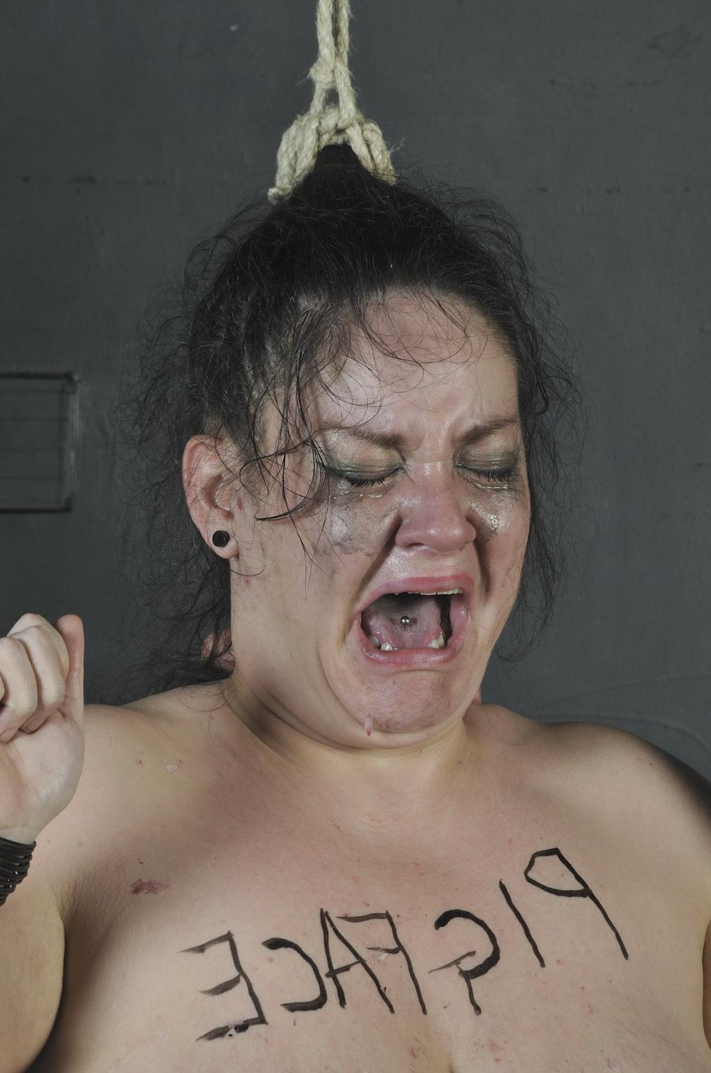 15P Hair tied bbw pigfaced slavegirl caned to tears