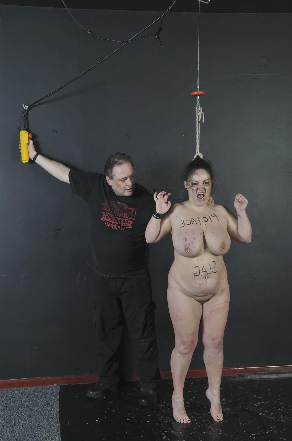 15P Hair tied bbw pigfaced slavegirl caned to tears