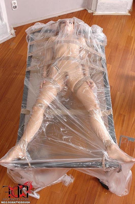 16P Leyla Black bound in plastic gets mouth and asshole cock fucked