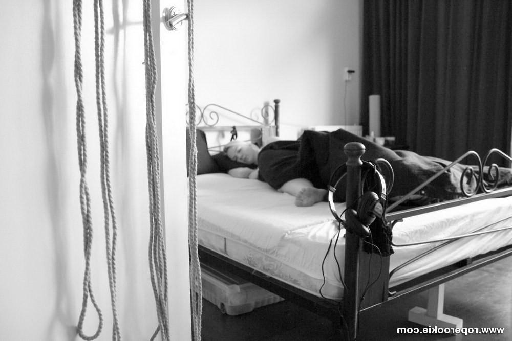 15P Hot blond tied up gagged on her bed with no escape.