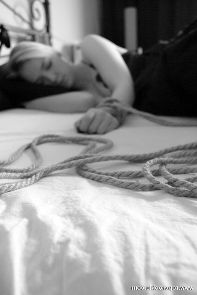 15P Hot blond tied up gagged on her bed with no escape.