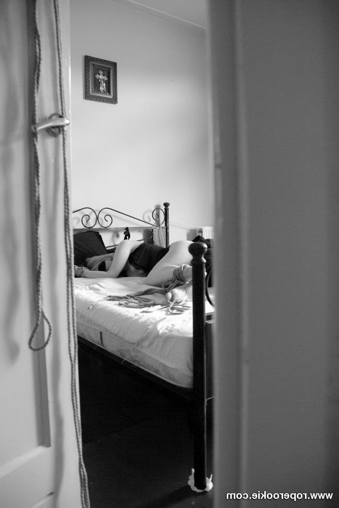 15P Hot blond tied up gagged on her bed with no escape.