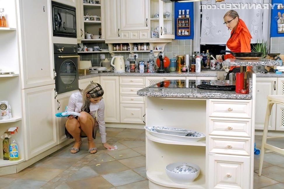 19P Beautiful but stern lesob domme abuses slavegirl in kitchen