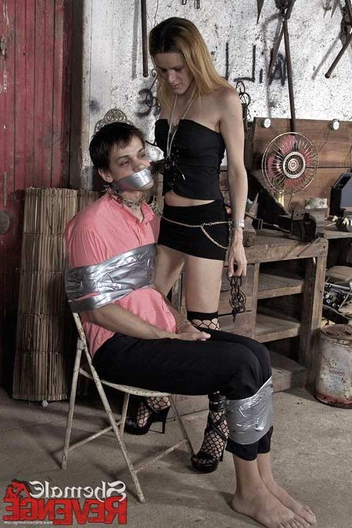 15P Shemale domme Sabrina plays hard with her duct taped slave
