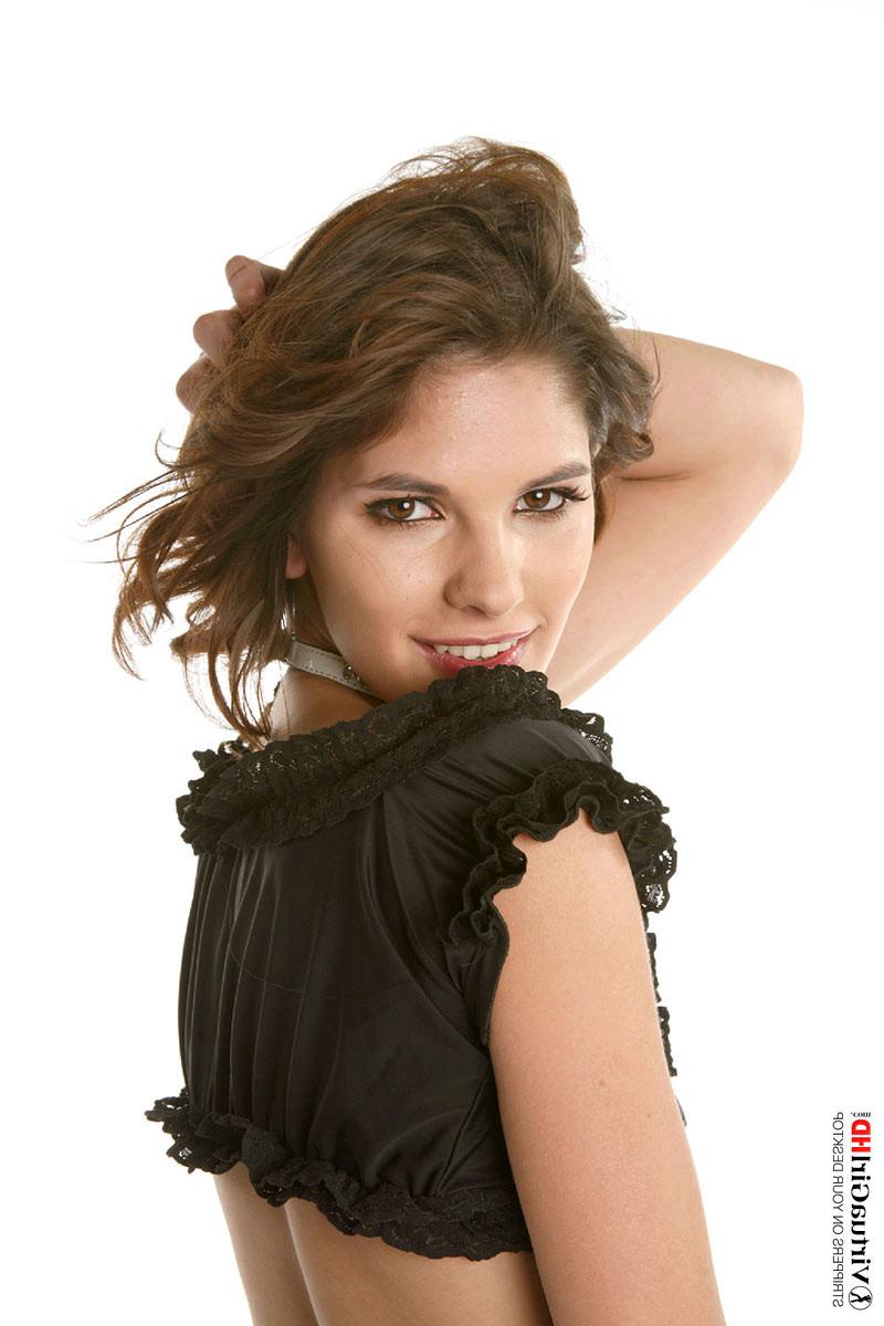 16P Naughty teen brunette Demi in a short skirt strips
