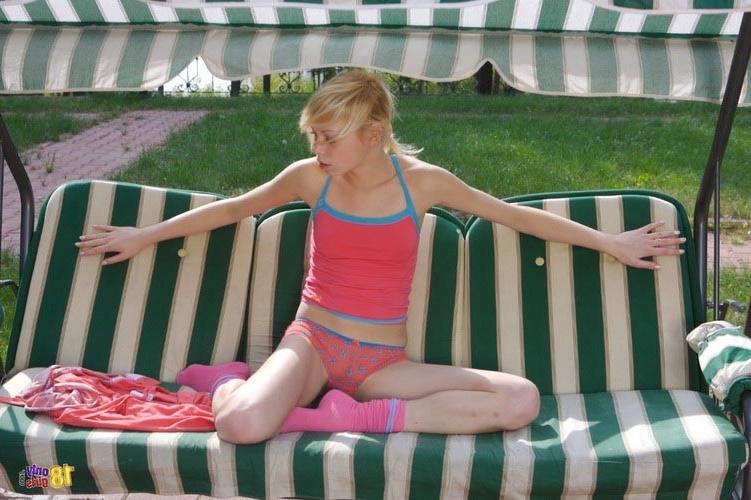 16P Sweet young blonde cutie showing her perfect nude body outdoors