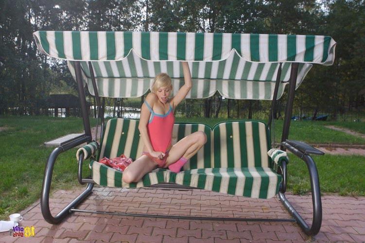16P Sweet young blonde cutie showing her perfect nude body outdoors
