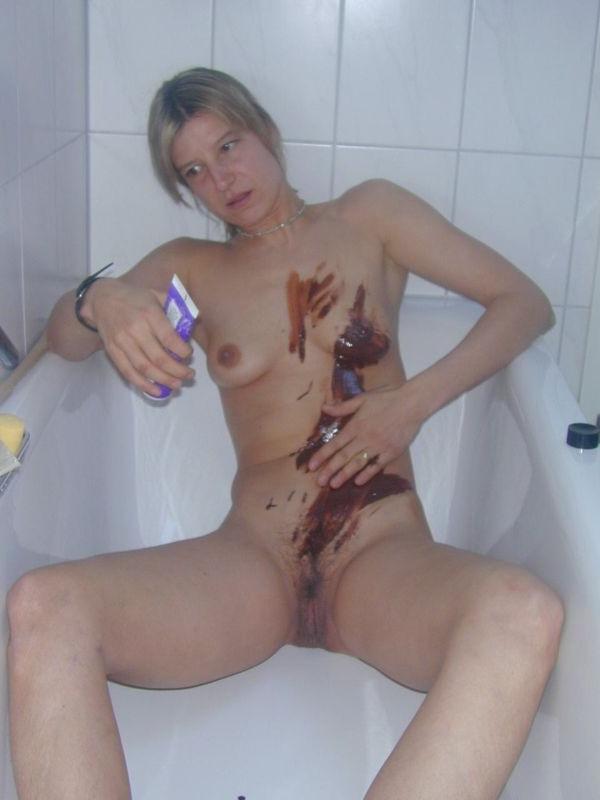 17P Shy Small Tit Housewife Plays With Chocolate In The Bathtub