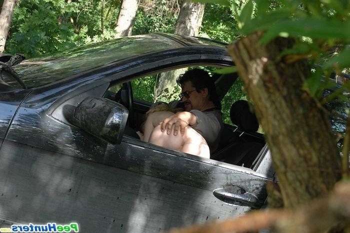 6P Teen sucks an older guy in a car then goes out to take a piss