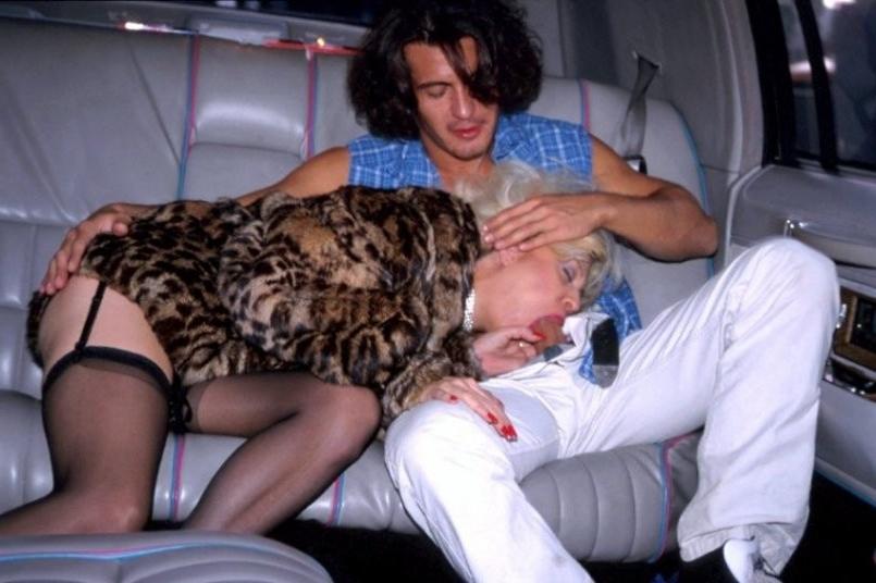 16P Kinky granny in stockings and fur coat blows hard cock in a limo