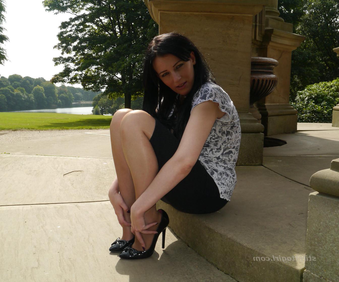 16P Leggy raven haired Milf is outdoors posing in her silky nylon st