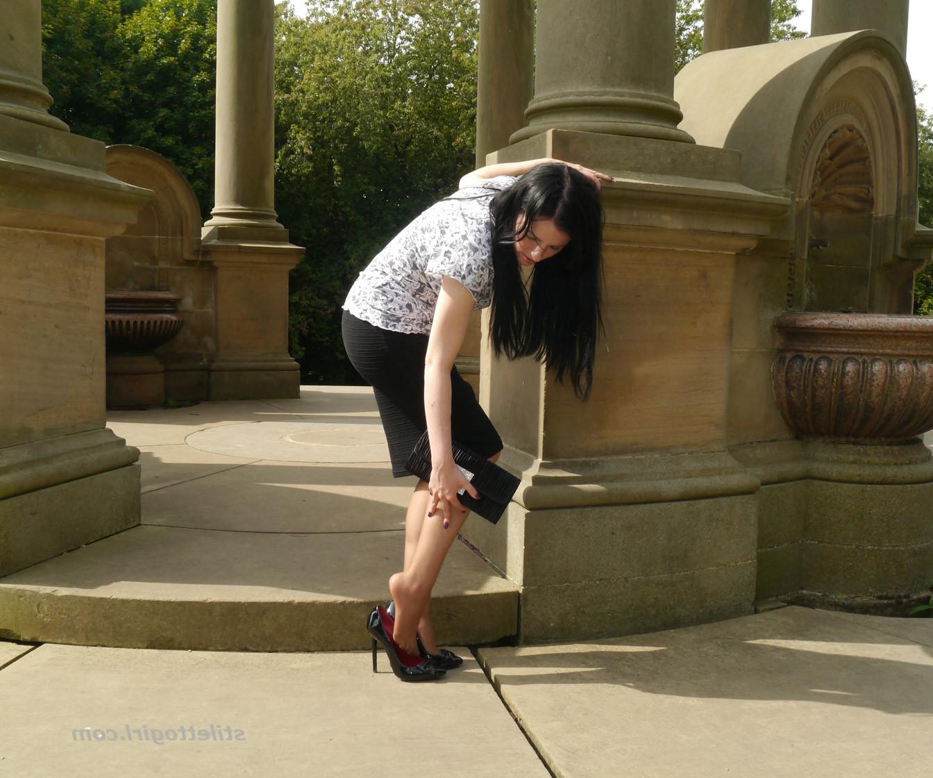 16P Leggy raven haired Milf is outdoors posing in her silky nylon st