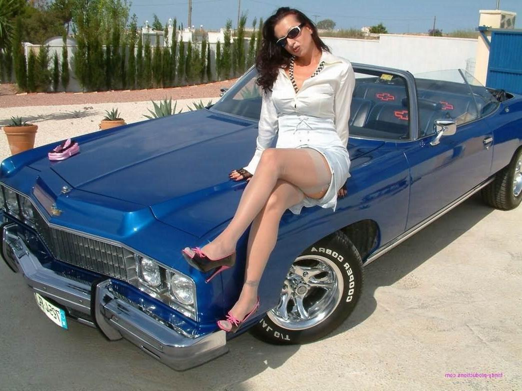 12P Retro Trinity posing in stockings with vintage car