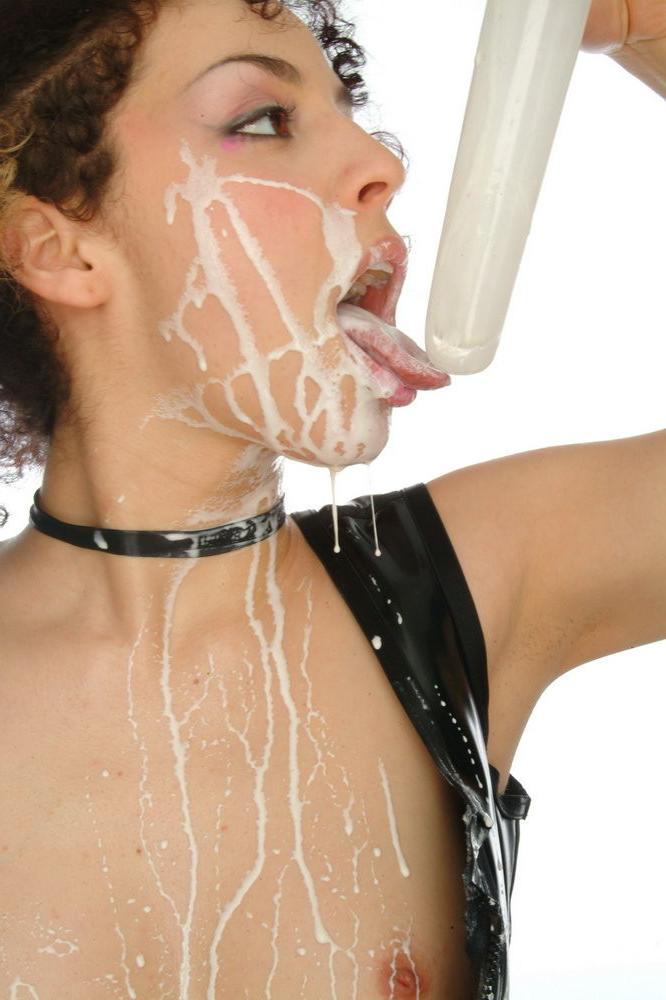 15P Pantyhosed Zee pours milk all over her sexy face and body