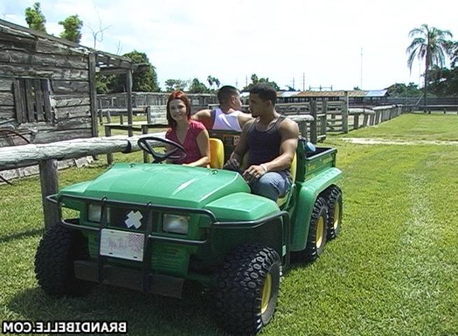 16P Brandi Belle fucks two lucky farmer boys near the stable