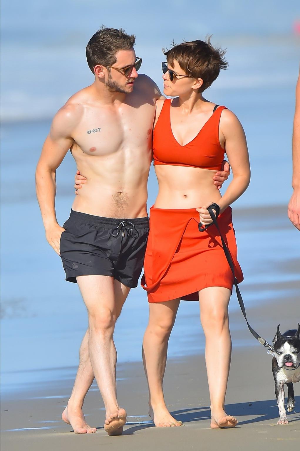 16P Kate Mara busty in belly top and mini skirt at the beach