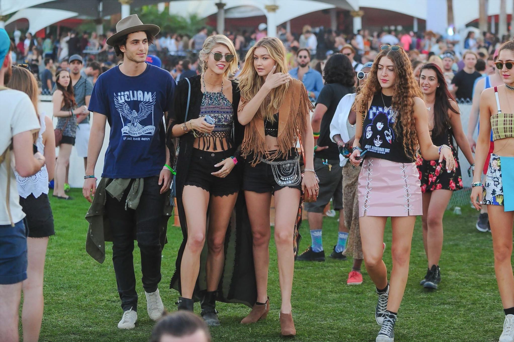 16P Gigi Hadid in shorts and belly top with her hot friends at Coachella Music Festi