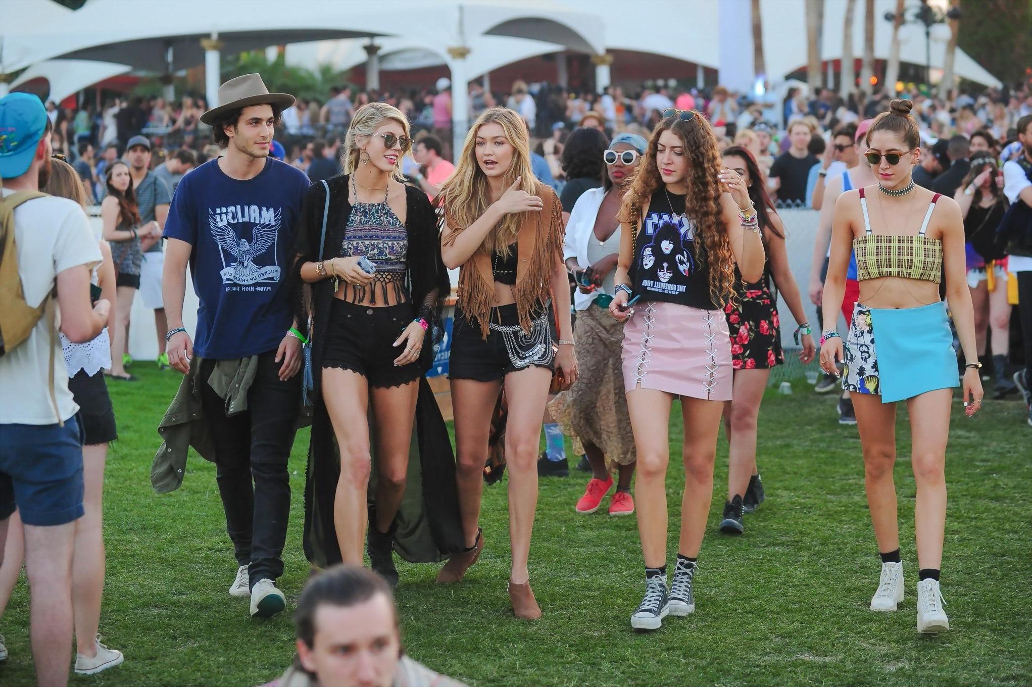 16P Gigi Hadid in shorts and belly top with her hot friends at Coachella Music Festi