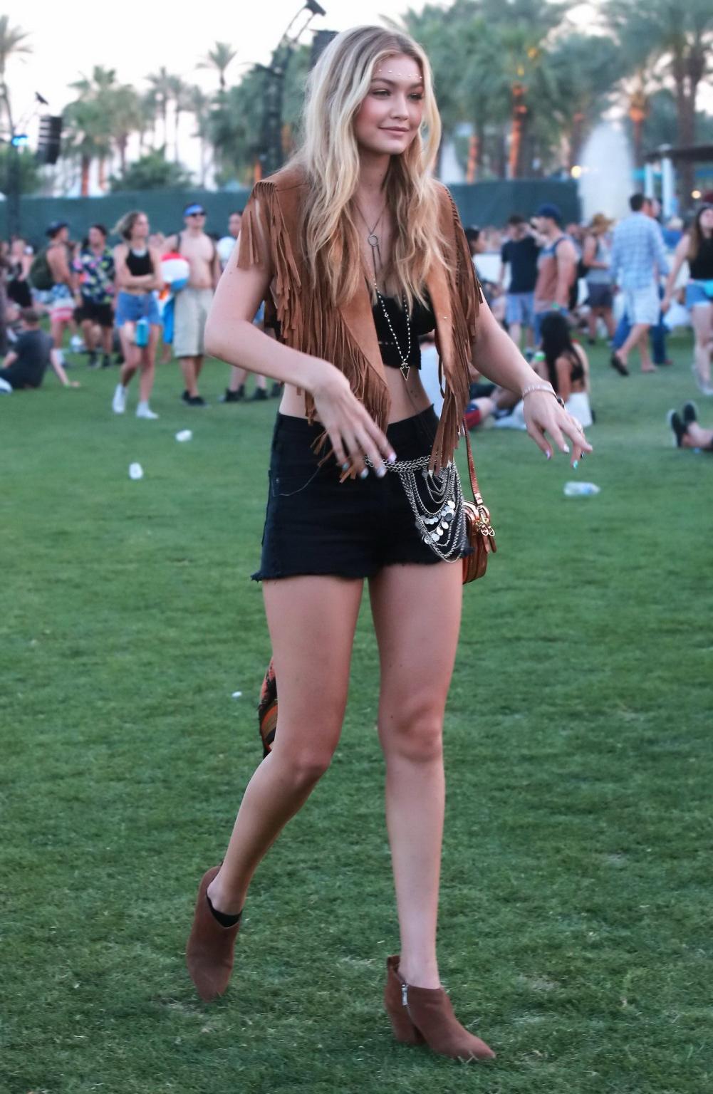 16P Gigi Hadid in shorts and belly top with her hot friends at Coachella Music Festi