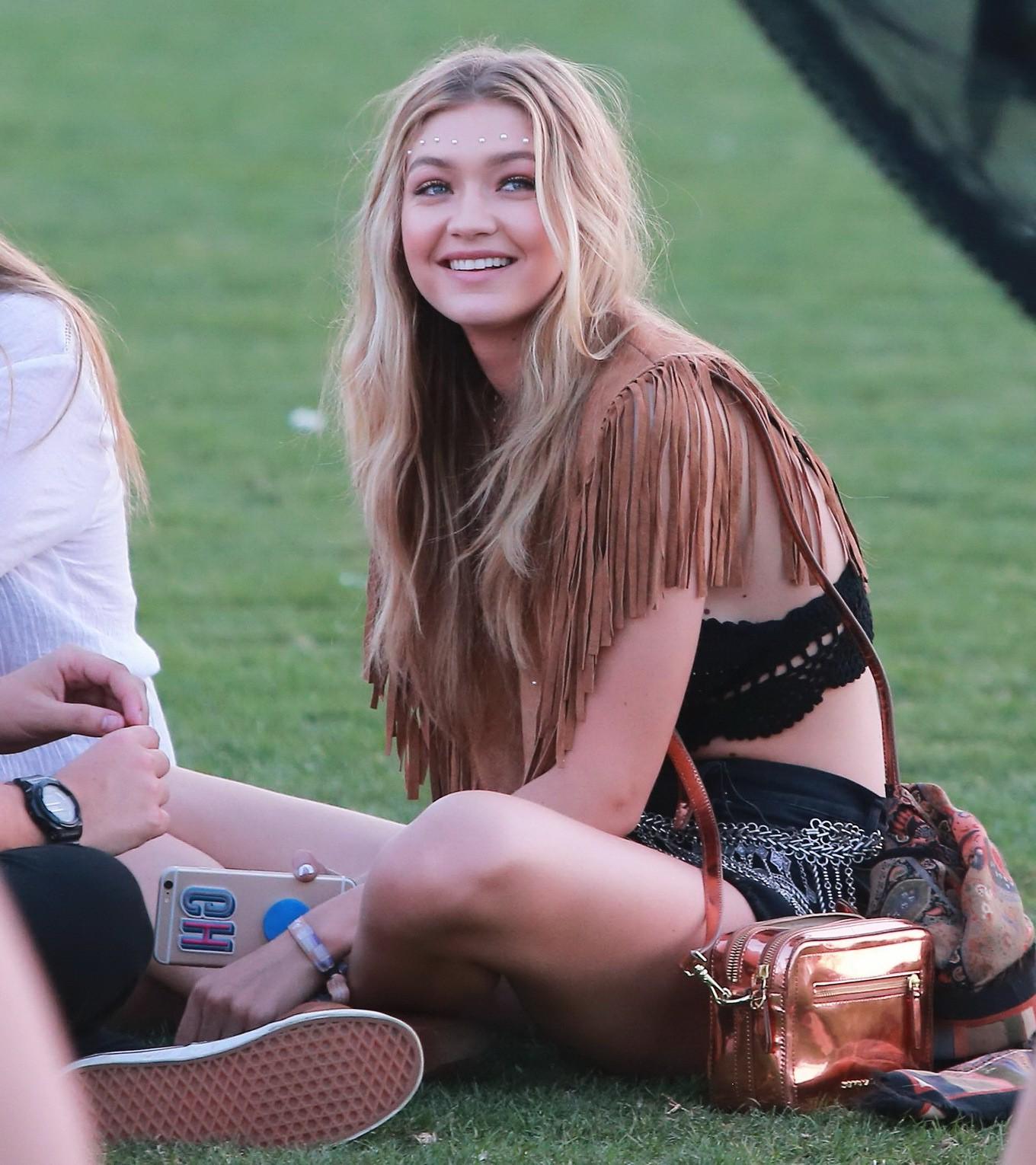 16P Gigi Hadid in shorts and belly top with her hot friends at Coachella Music Festi