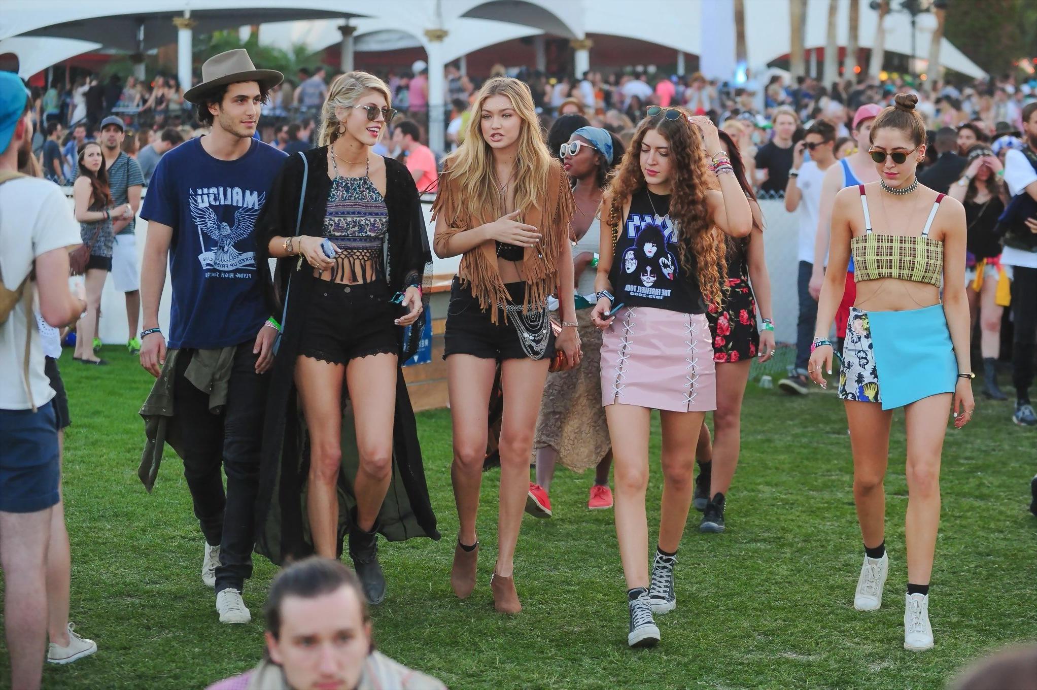 16P Gigi Hadid in shorts and belly top with her hot friends at Coachella Music Festi