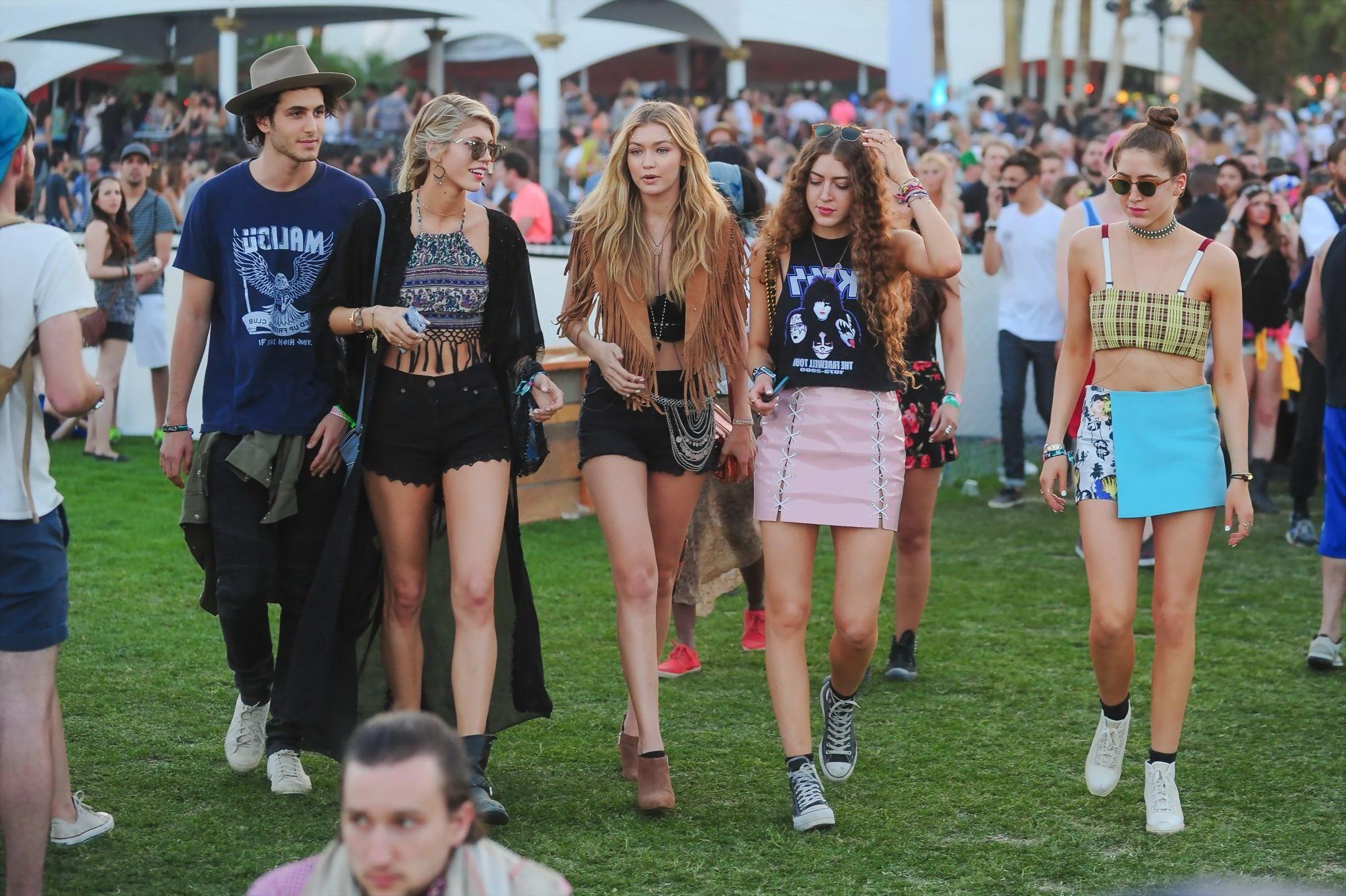 16P Gigi Hadid in shorts and belly top with her hot friends at Coachella Music Festi