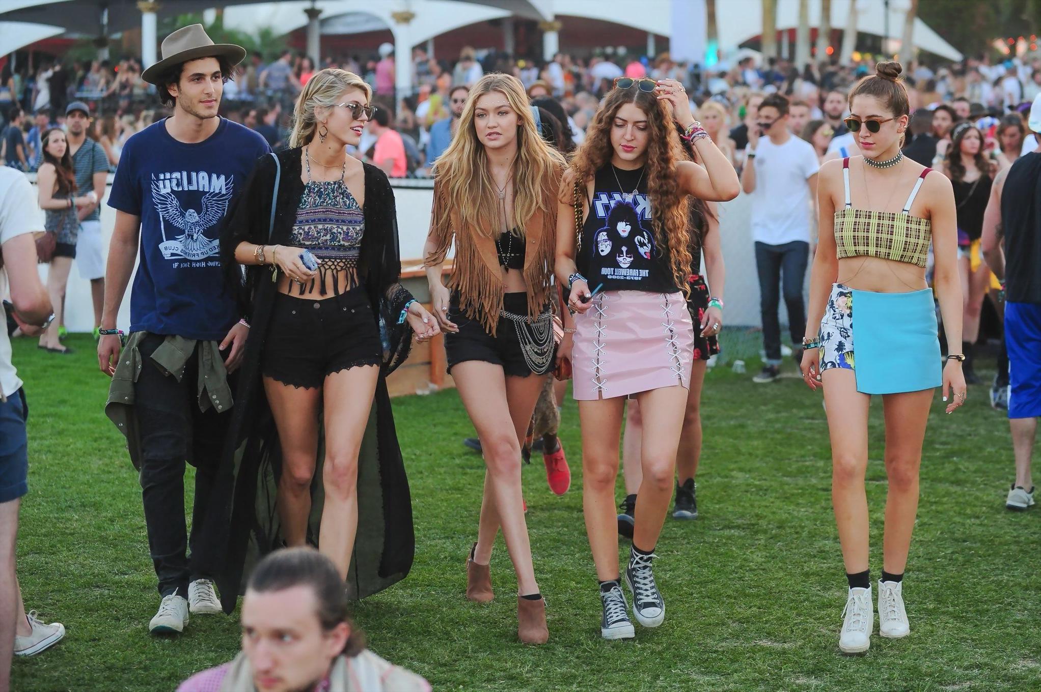 16P Gigi Hadid in shorts and belly top with her hot friends at Coachella Music Festi
