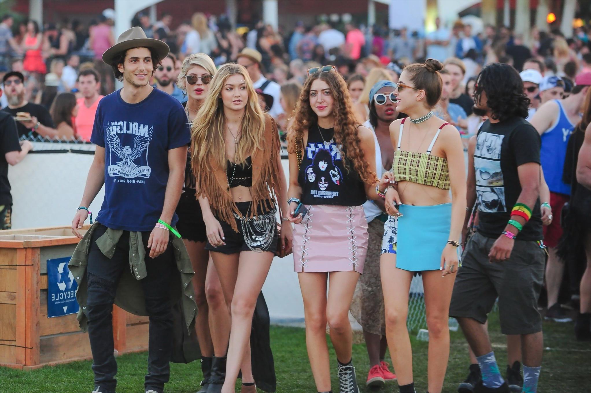 16P Gigi Hadid in shorts and belly top with her hot friends at Coachella Music Festi