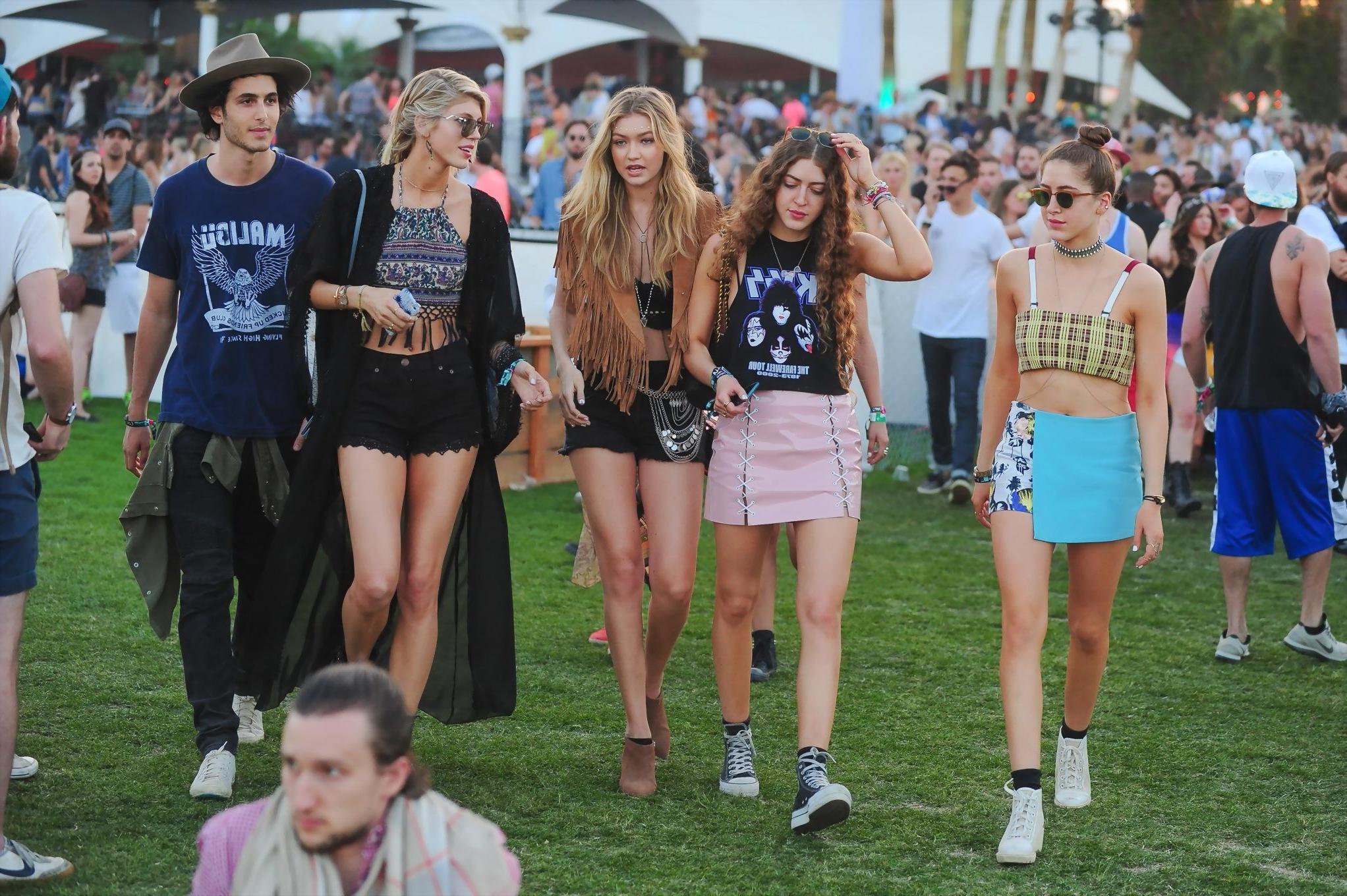 16P Gigi Hadid in shorts and belly top with her hot friends at Coachella Music Festi