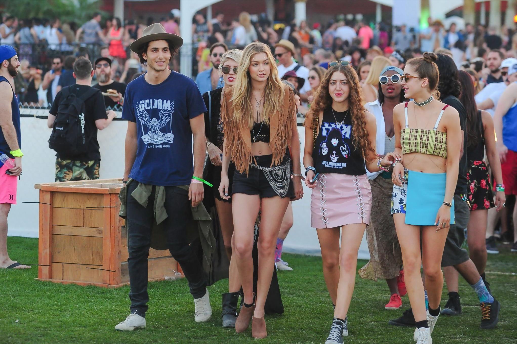 16P Gigi Hadid in shorts and belly top with her hot friends at Coachella Music Festi