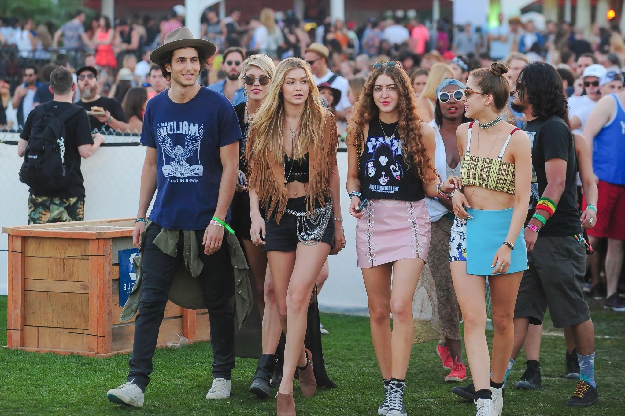 16P Gigi Hadid in shorts and belly top with her hot friends at Coachella Music Festi