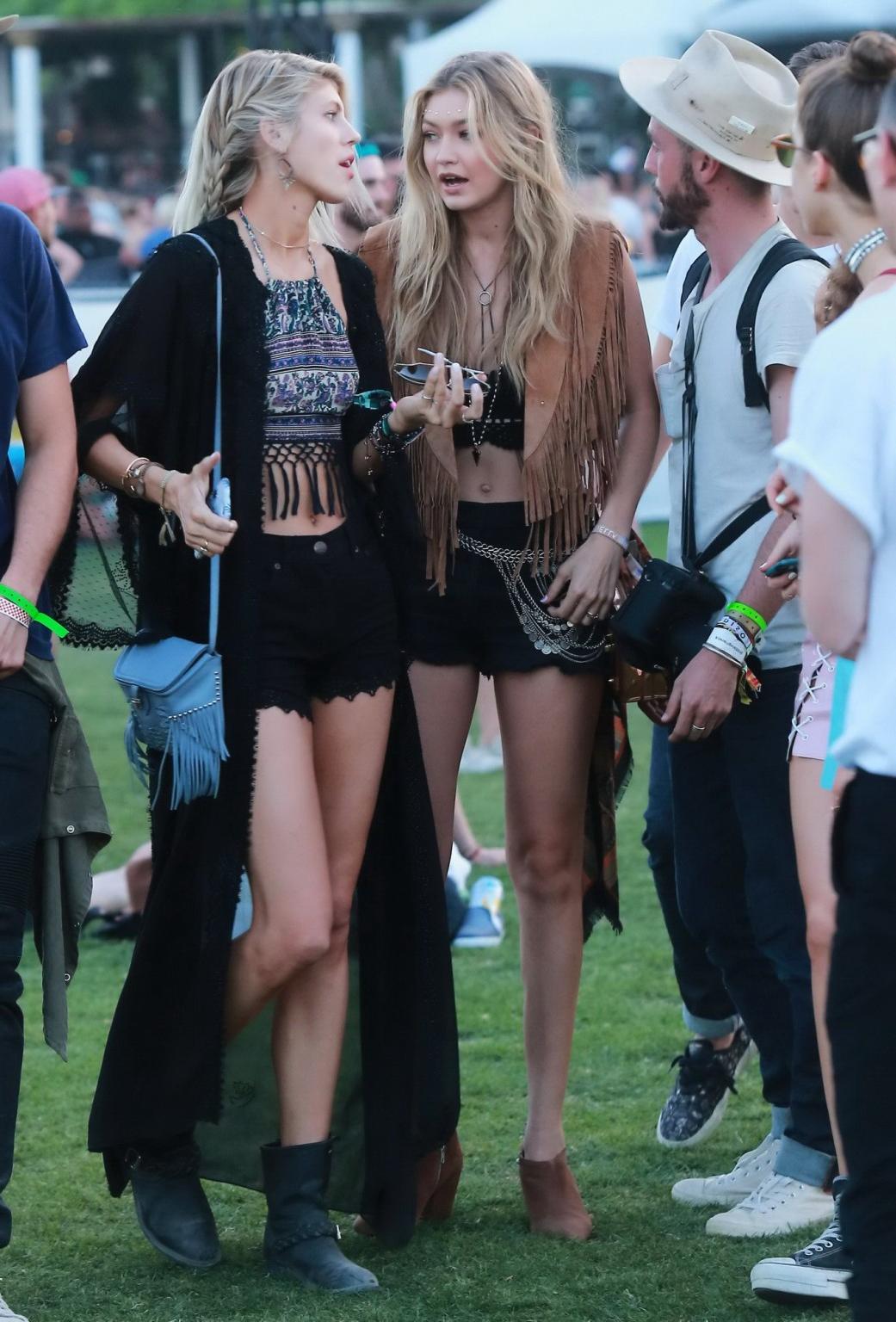 16P Gigi Hadid in shorts and belly top with her hot friends at Coachella Music Festi