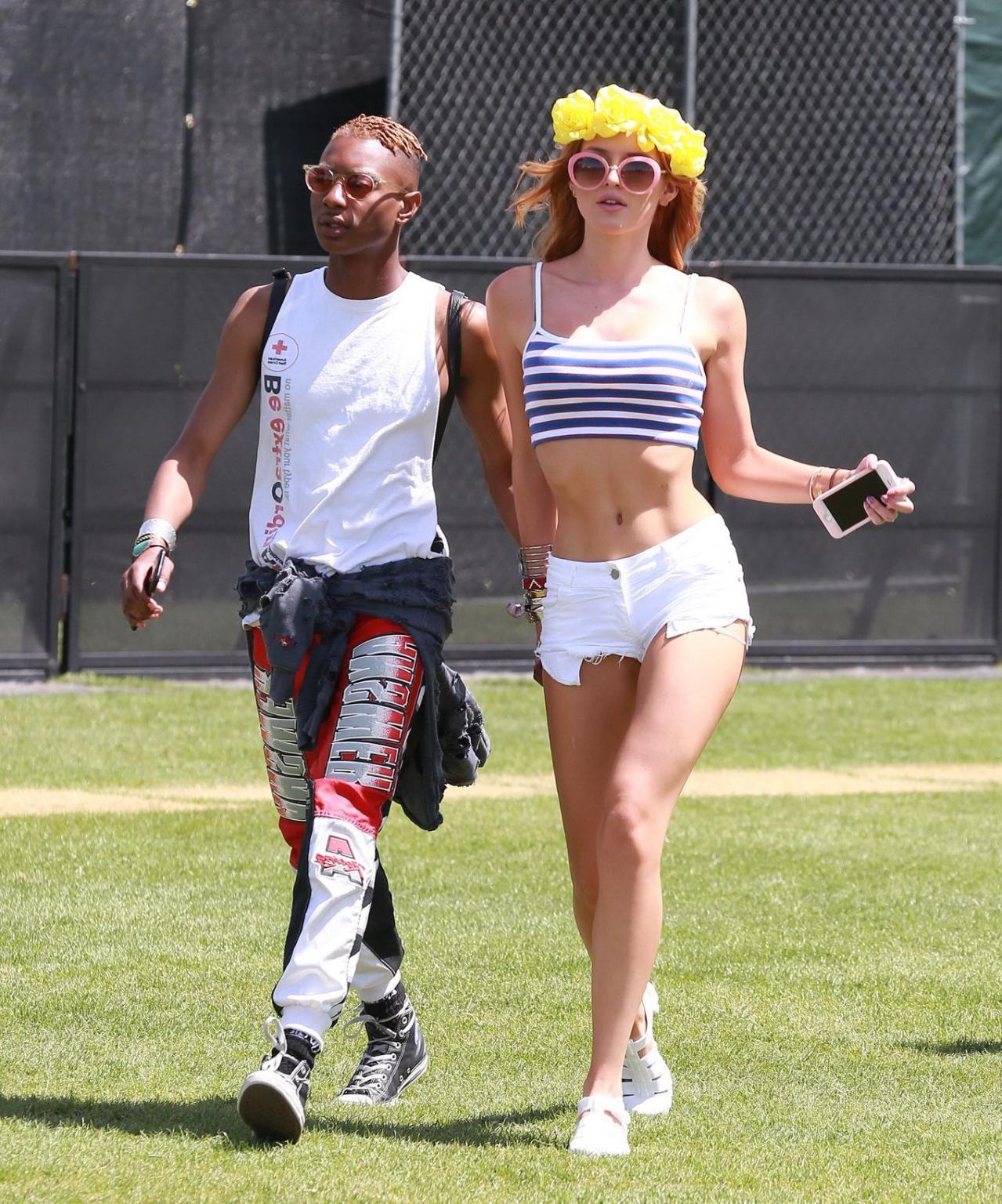 16P Bella Thorne leggy and showing bare midriff in tiny striped belly top and shorts