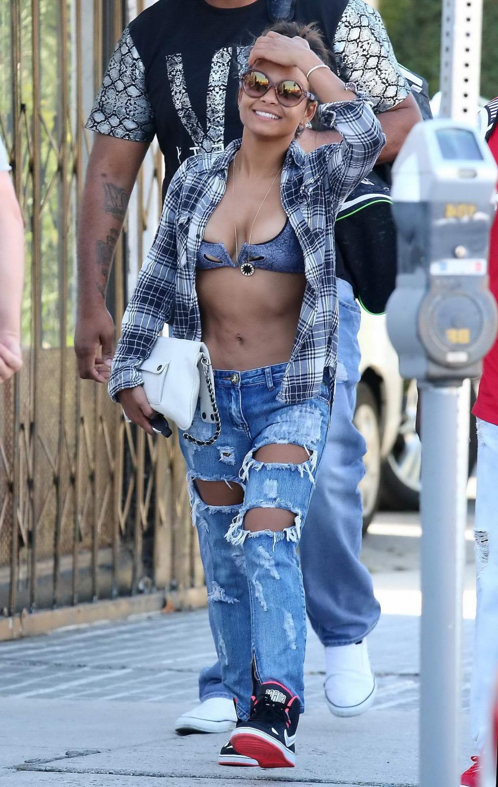 16P Christina Milian busty wearing a belly top out in Los Angeles