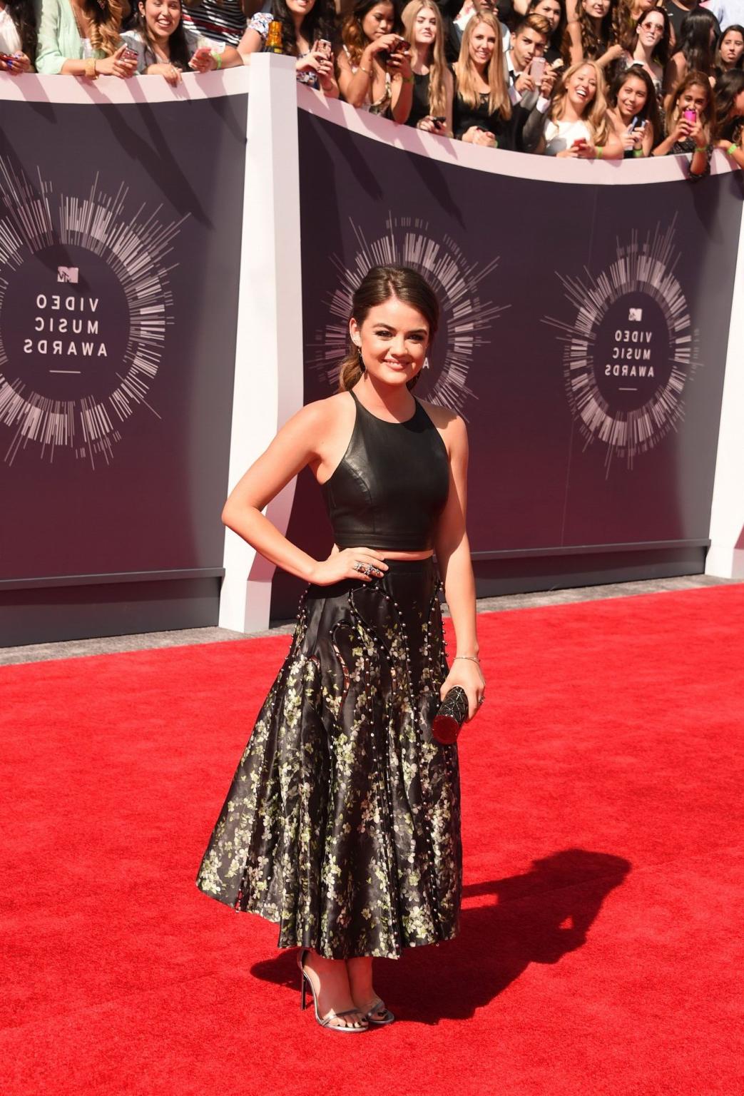 16P Lucy Hale busty in black leather belly top and skirt at 2014 MTV Video Music Awa