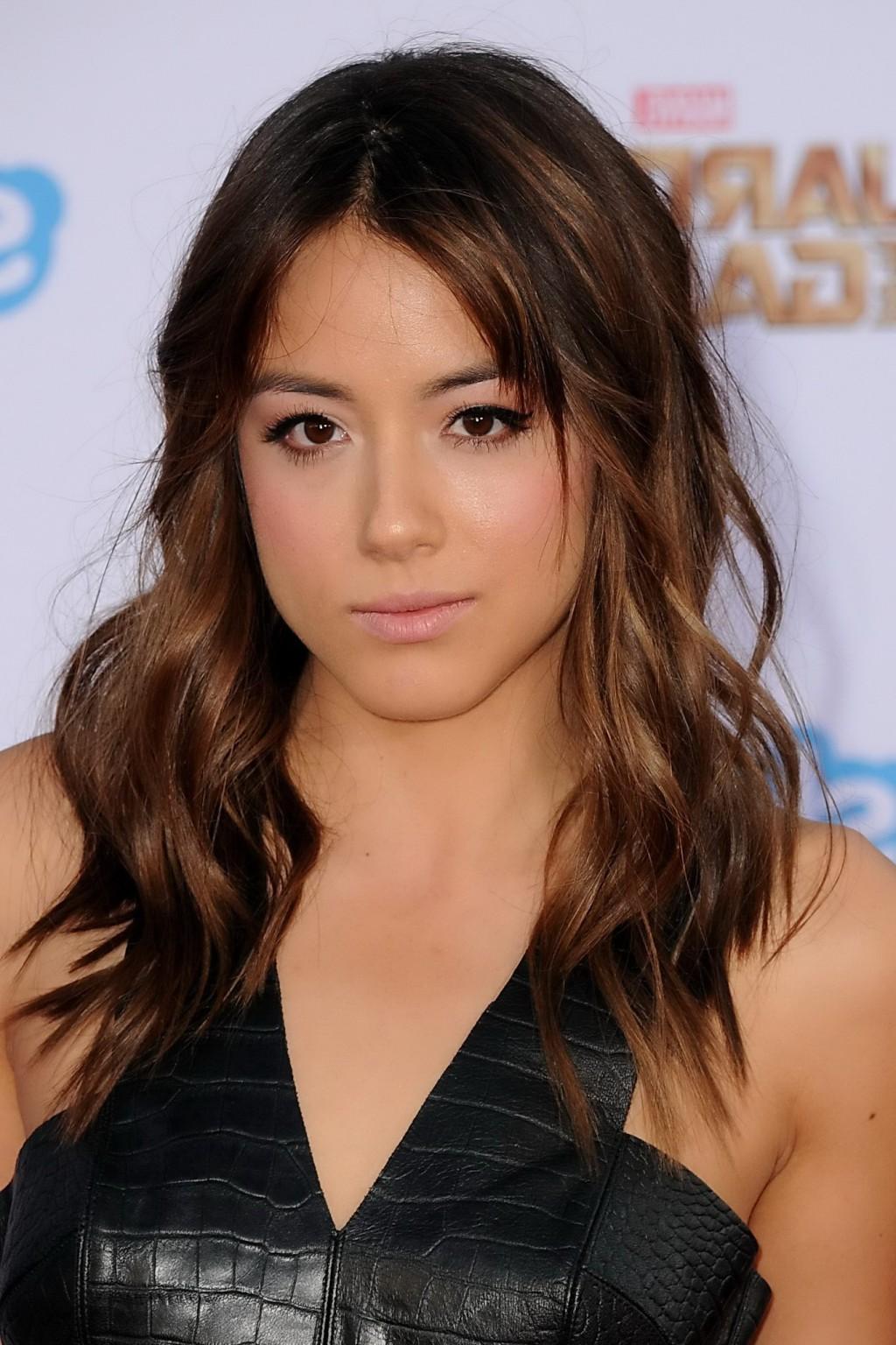16P Chloe Bennet busty in black leather belly top and skirt at the Guardians Of The 