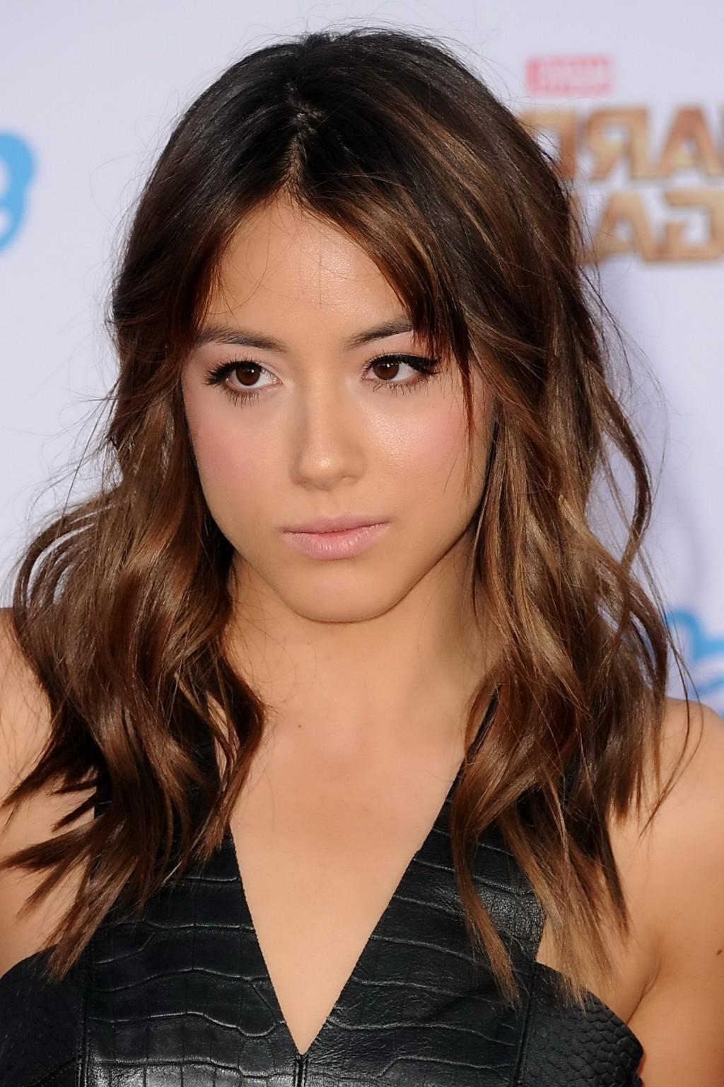 16P Chloe Bennet busty in black leather belly top and skirt at the Guardians Of The 