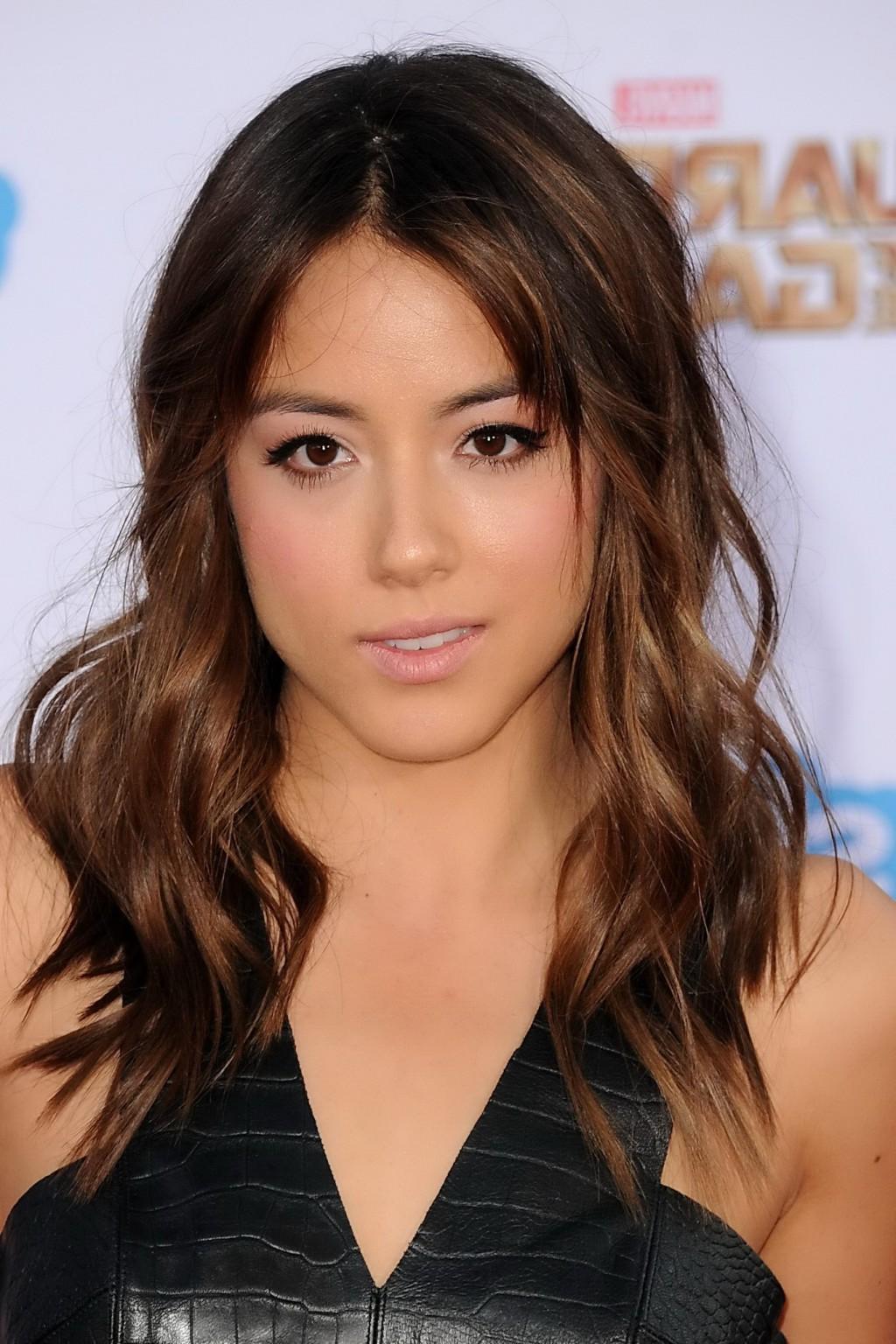 16P Chloe Bennet busty in black leather belly top and skirt at the Guardians Of The 