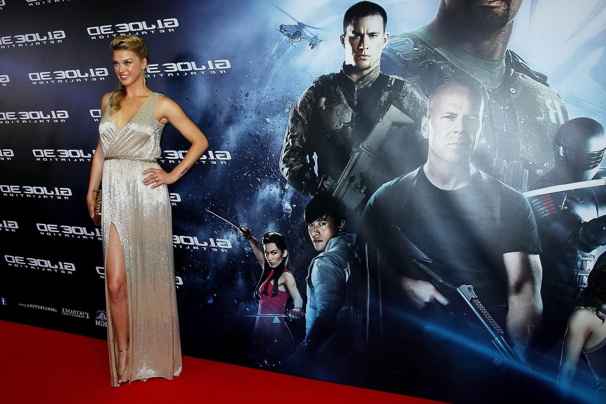 16P Adrianne Palicki brales wearing shiny low cut dresses at G.I.Joe-Retaliation pre