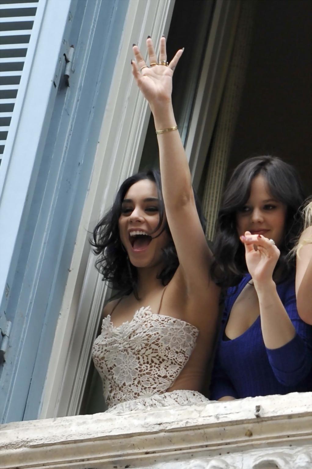 10P Vanessa Hudgens braless wearing white lace see-through dress at her hotel window