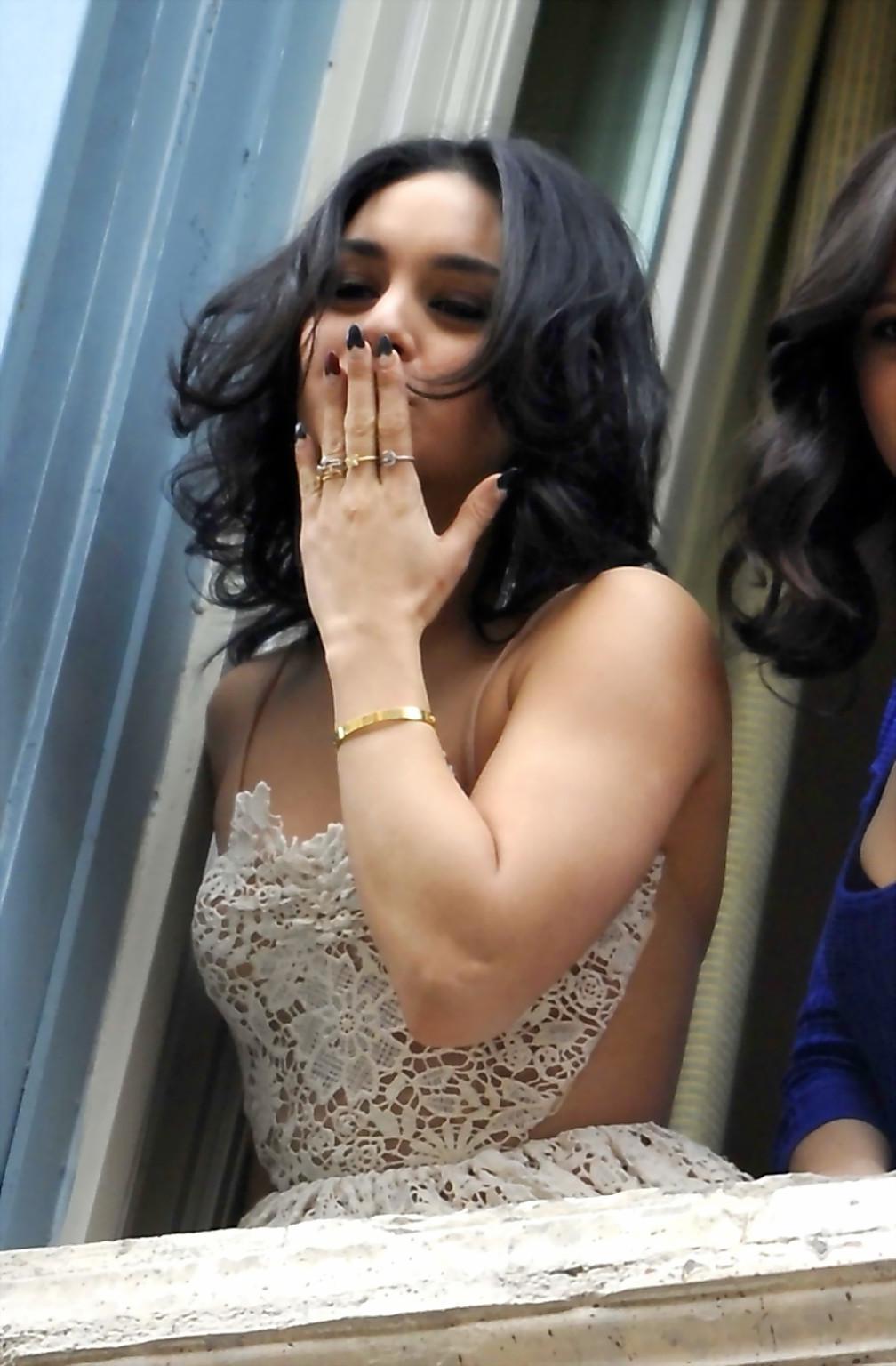 10P Vanessa Hudgens braless wearing white lace see-through dress at her hotel window