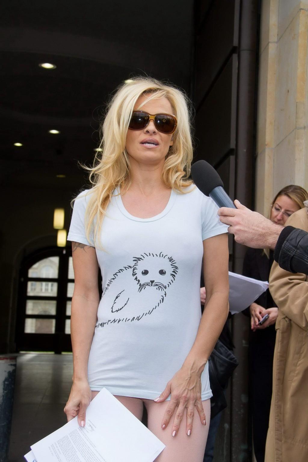 10P Pamela Anderson shows cameltoe wearing a skin colored tights in Berlin