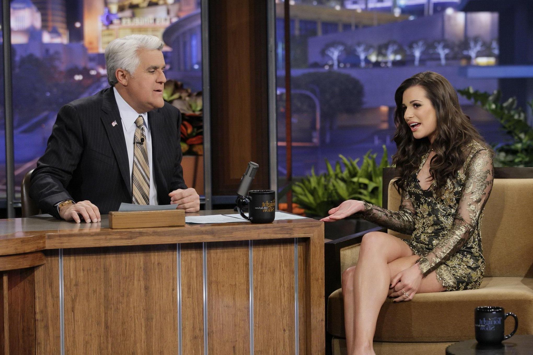 16P Lea Michele leggy wearing mini dress on Jey Leno Show